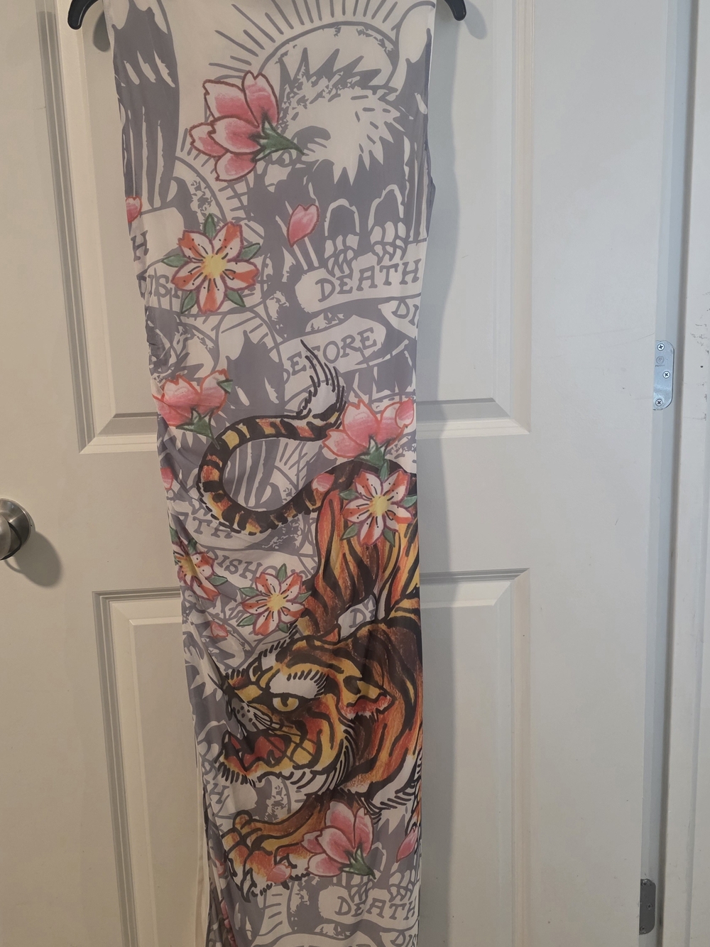 Ed Hardy Grey Midi Dress with Pink Floral & Orange Tiger Print - Picture 2 of 5